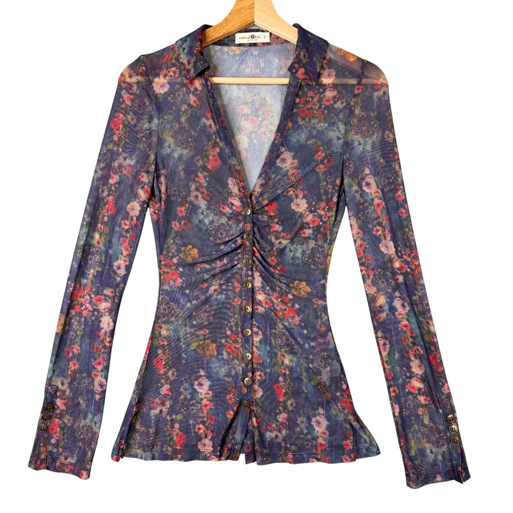 Natural Life Floral Mesh Button Down Top Purple Ruched Sheer Long Sleeve Small